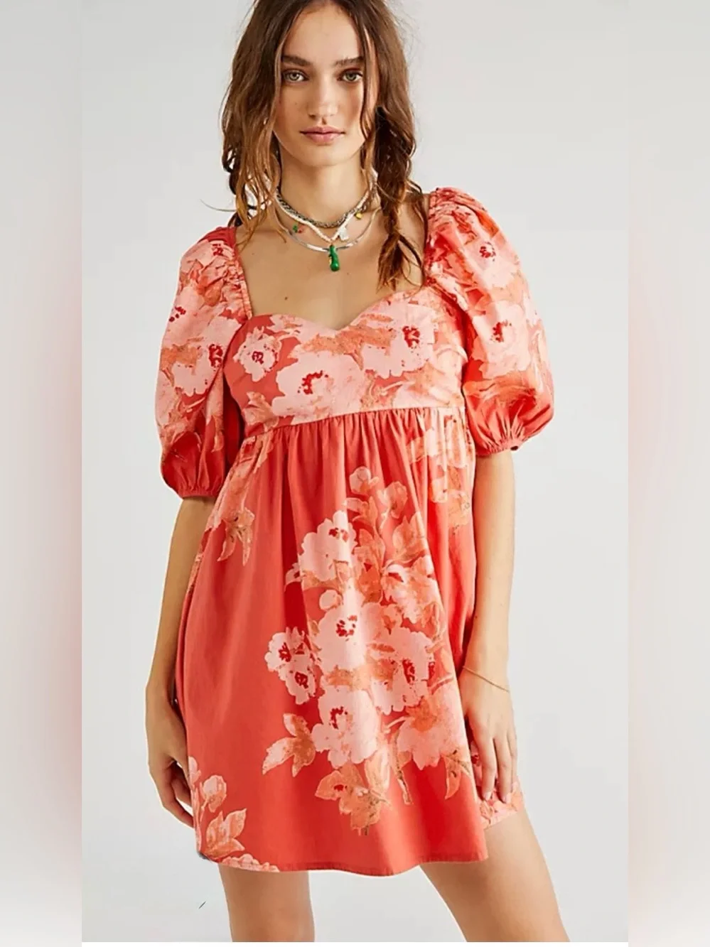 Free People Babydoll Dress Small/Petite. 100% Cotton Coral Floral Smocking